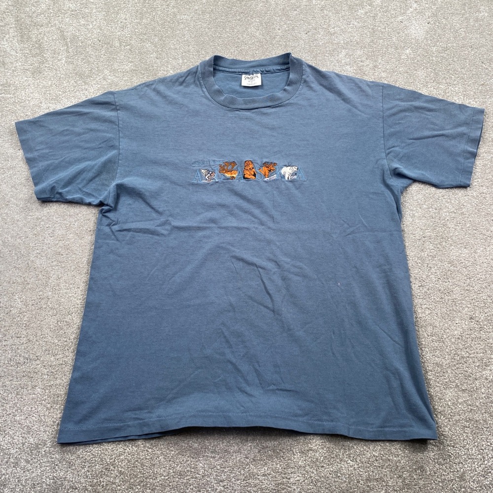 San Segal Denali Park Alaska T-Shirt Mens XL Blue Embroidered Wildlife Vintage
